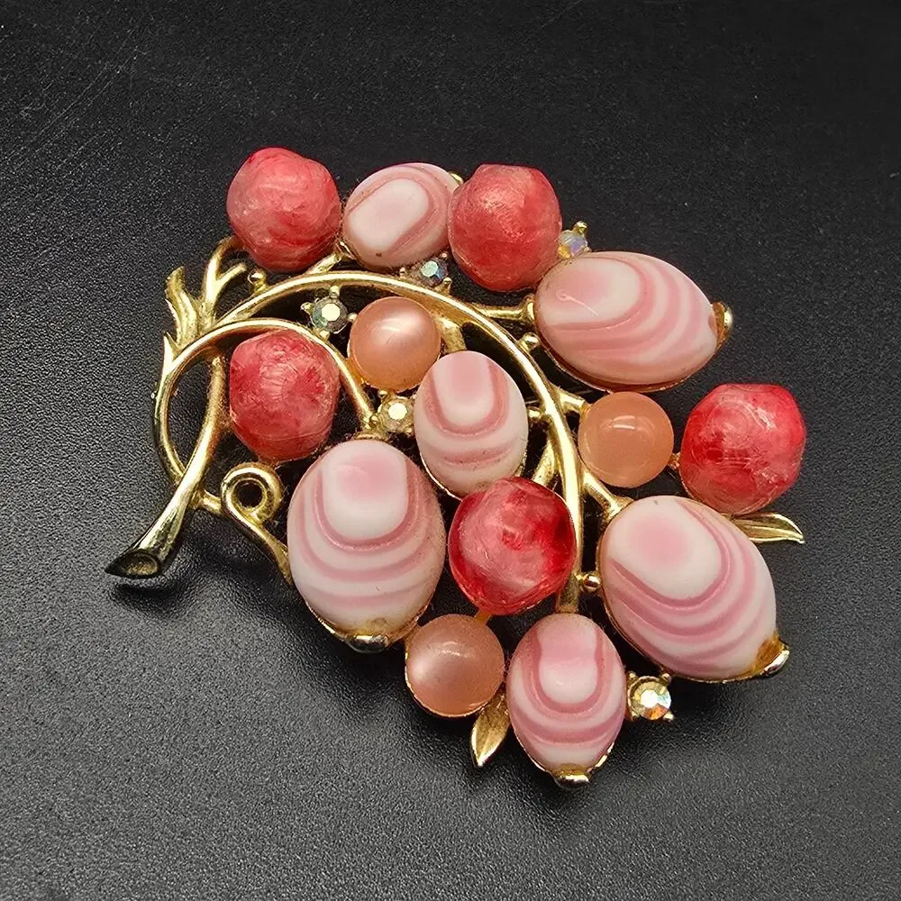 Pink Molded Glass Faux Pearl Brooch Flowers Bouquet Vintage Jewelry